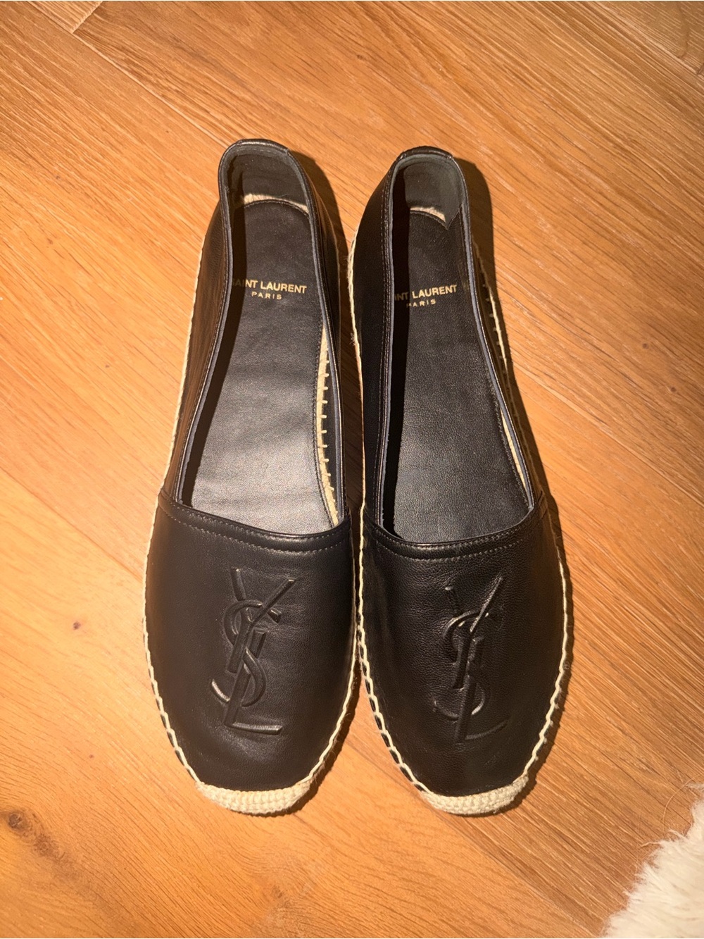 Yves Saint Laurent Black Leather Espadrille Flats with Embossed YSL